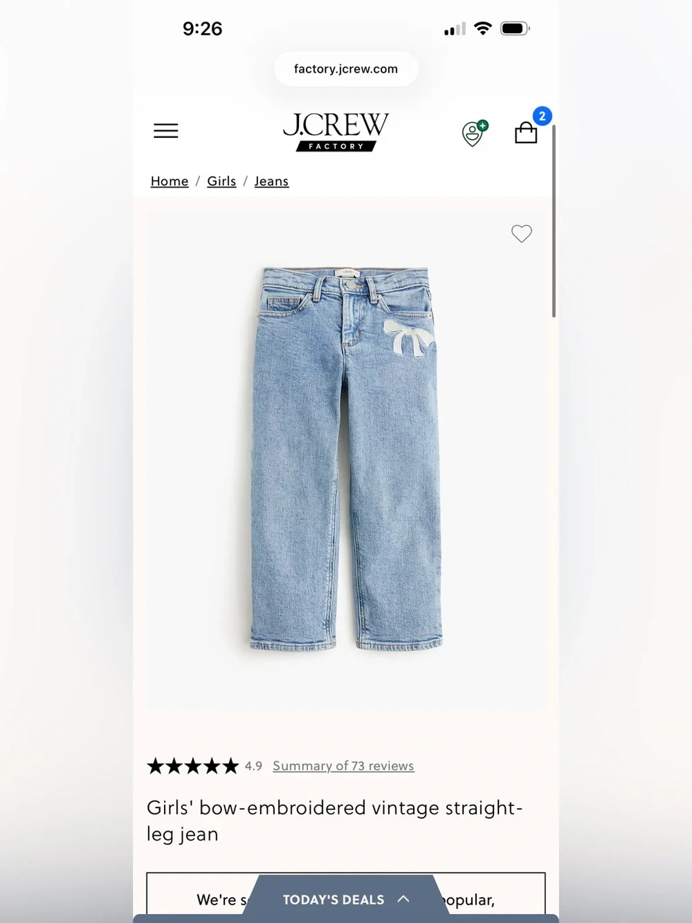 Girls’ bow-embroidered vintage straight leg jean by J.Crew, size 10